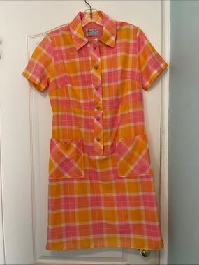 Vintage Mod Plaid creamsicle Shirt Dress